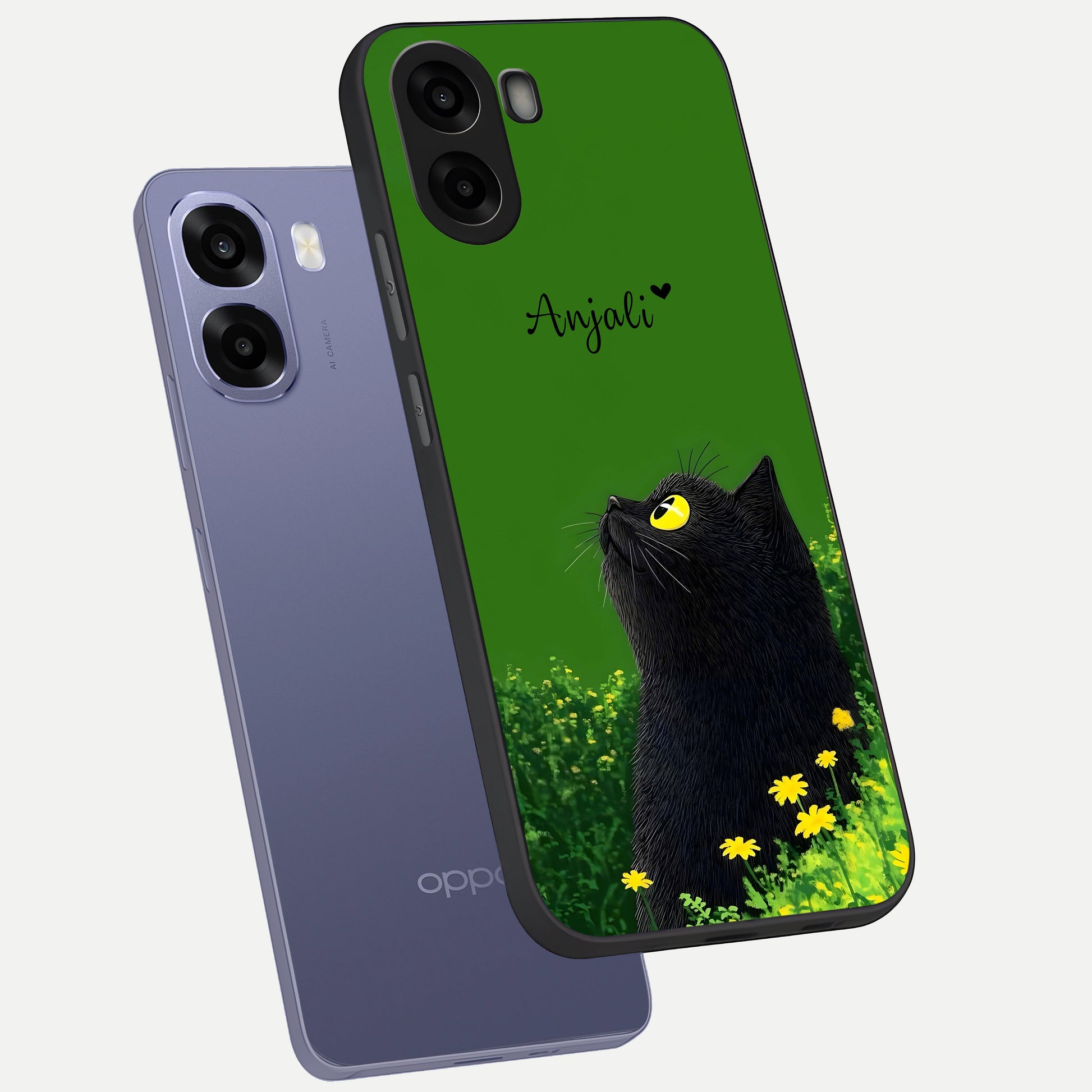  Emerald Cat Custom Name phone case For Oppo A6s showing premium glass back cover with detailed artwork