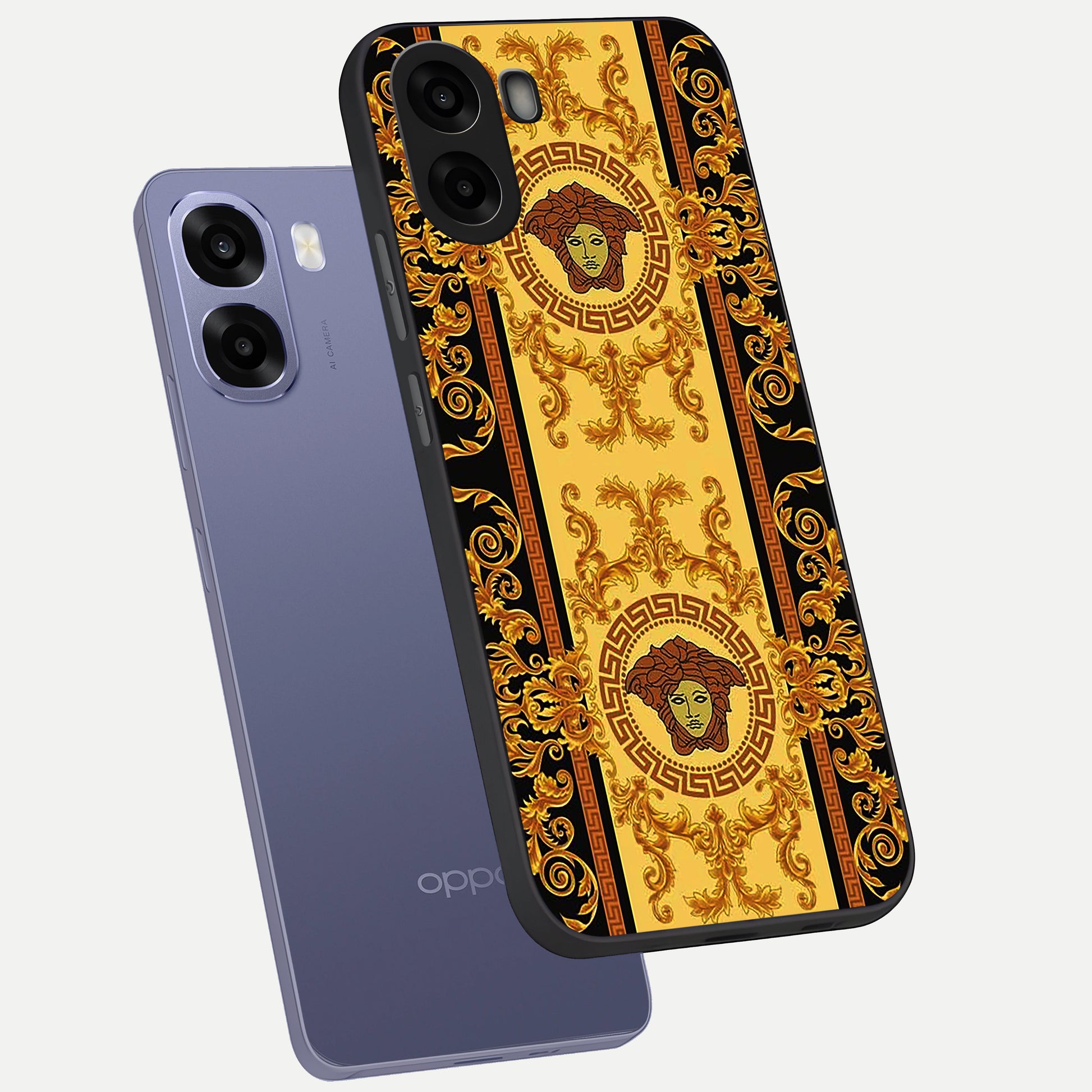  Golden Royal Heritage phone case For Oppo A6s showing premium glass back cover with detailed artwork