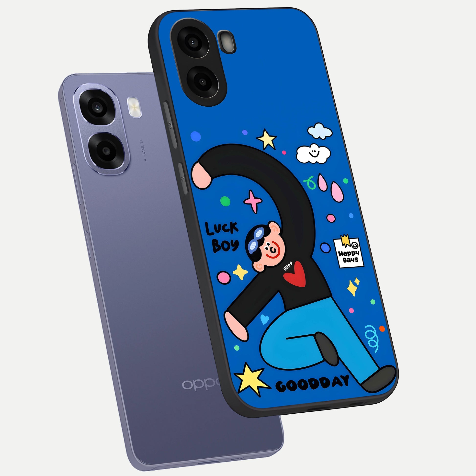 Happy Luck Vibe phone case For Oppo A6s showing premium glass back cover with detailed artwork