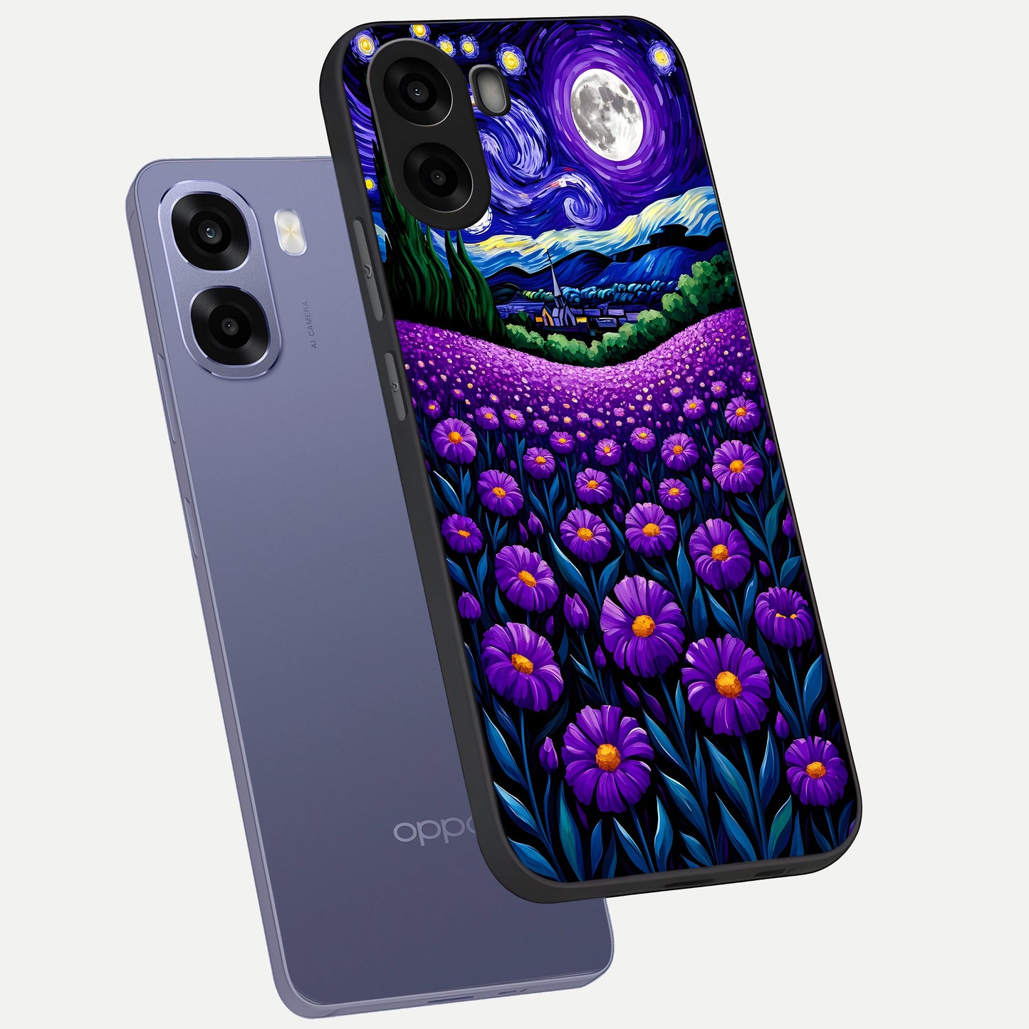  Lavender Moon Field phone case For Oppo A6s showing premium glass back cover with detailed artwork