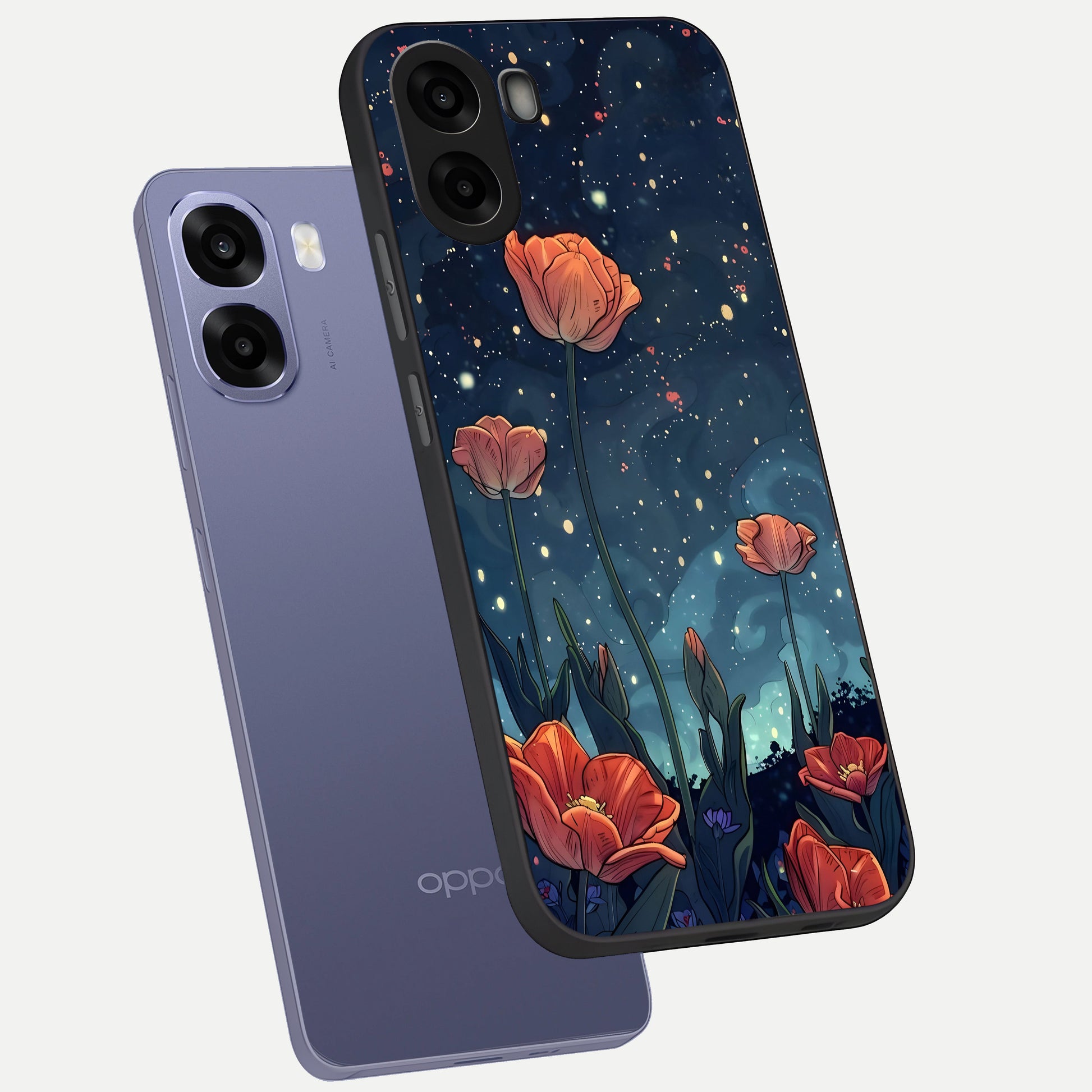  Midnight Tulip Glow phone case For Oppo A6s showing premium glass back cover with detailed artwork