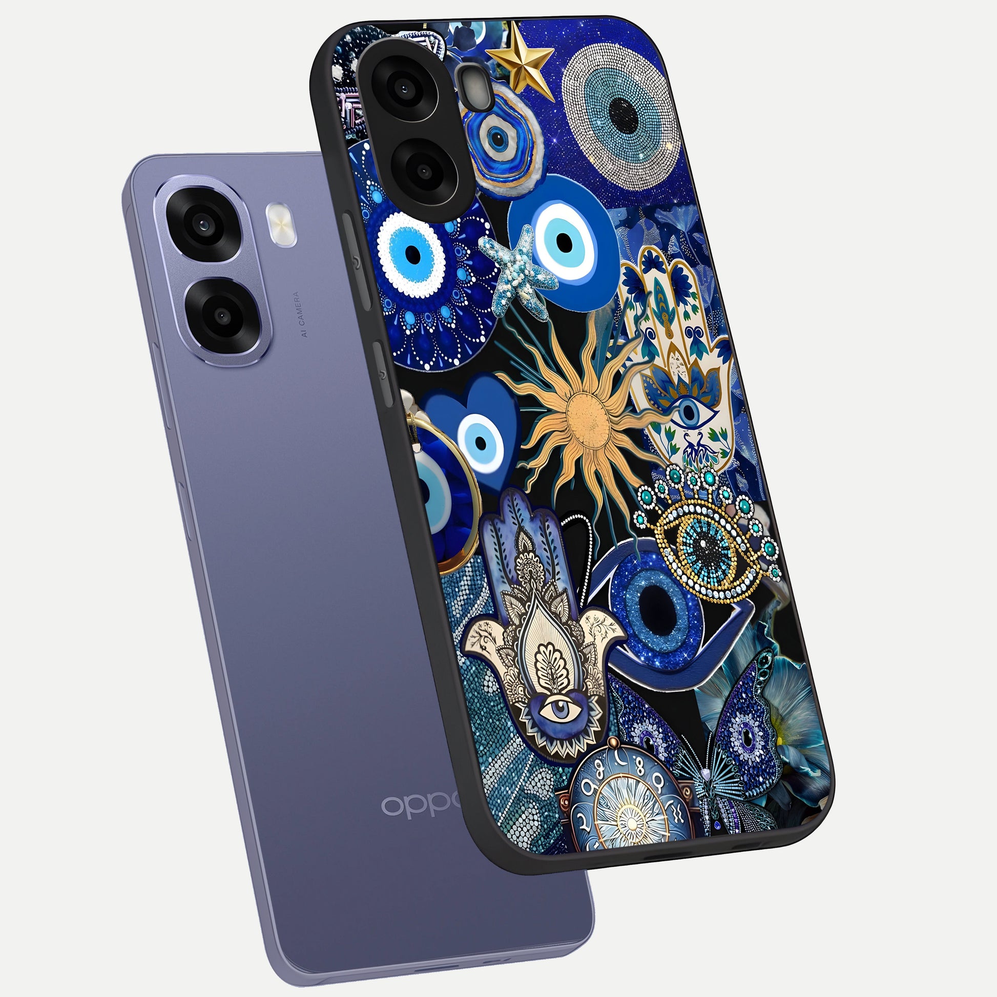  Mystic Blue Evil Eye phone case For Oppo A6s showing premium glass back cover with detailed artwork