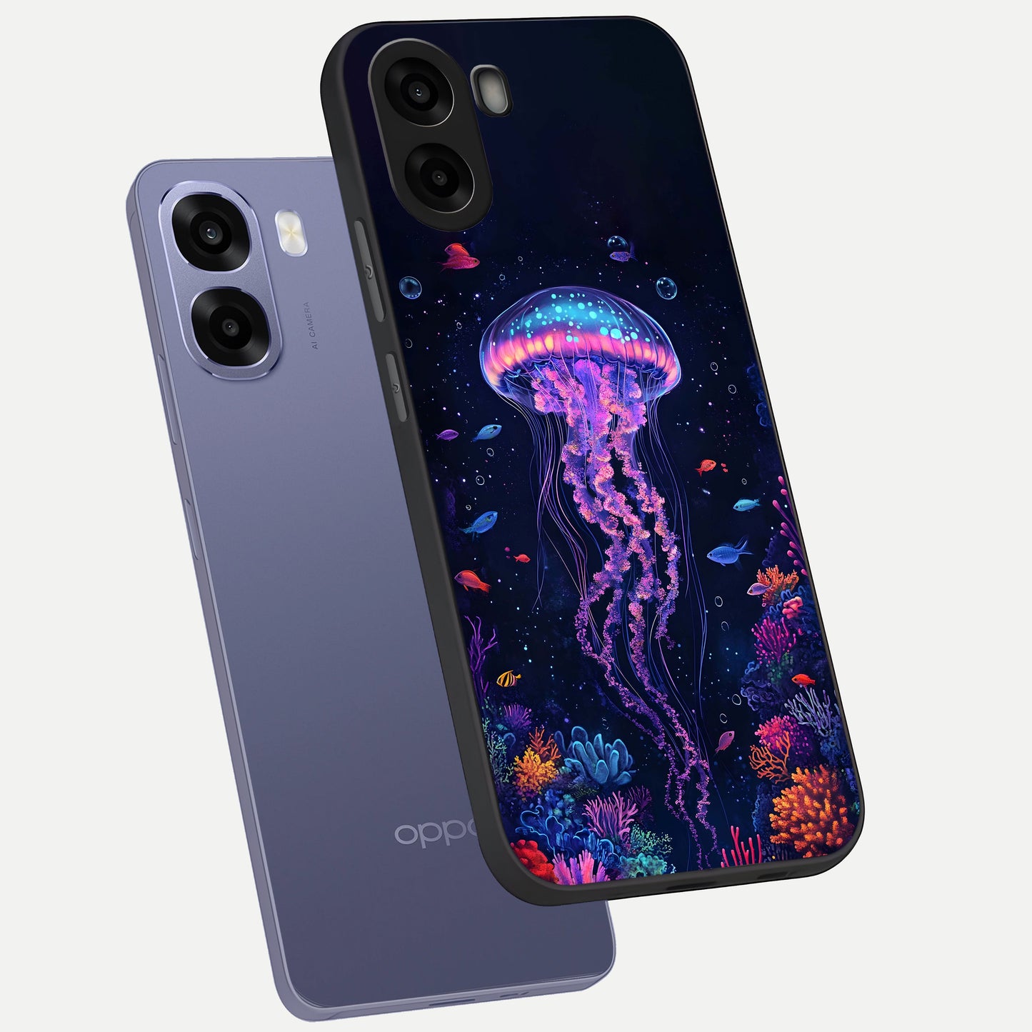  Neon Jellyfish phone case For Oppo A6s showing premium glass back cover with detailed artwork