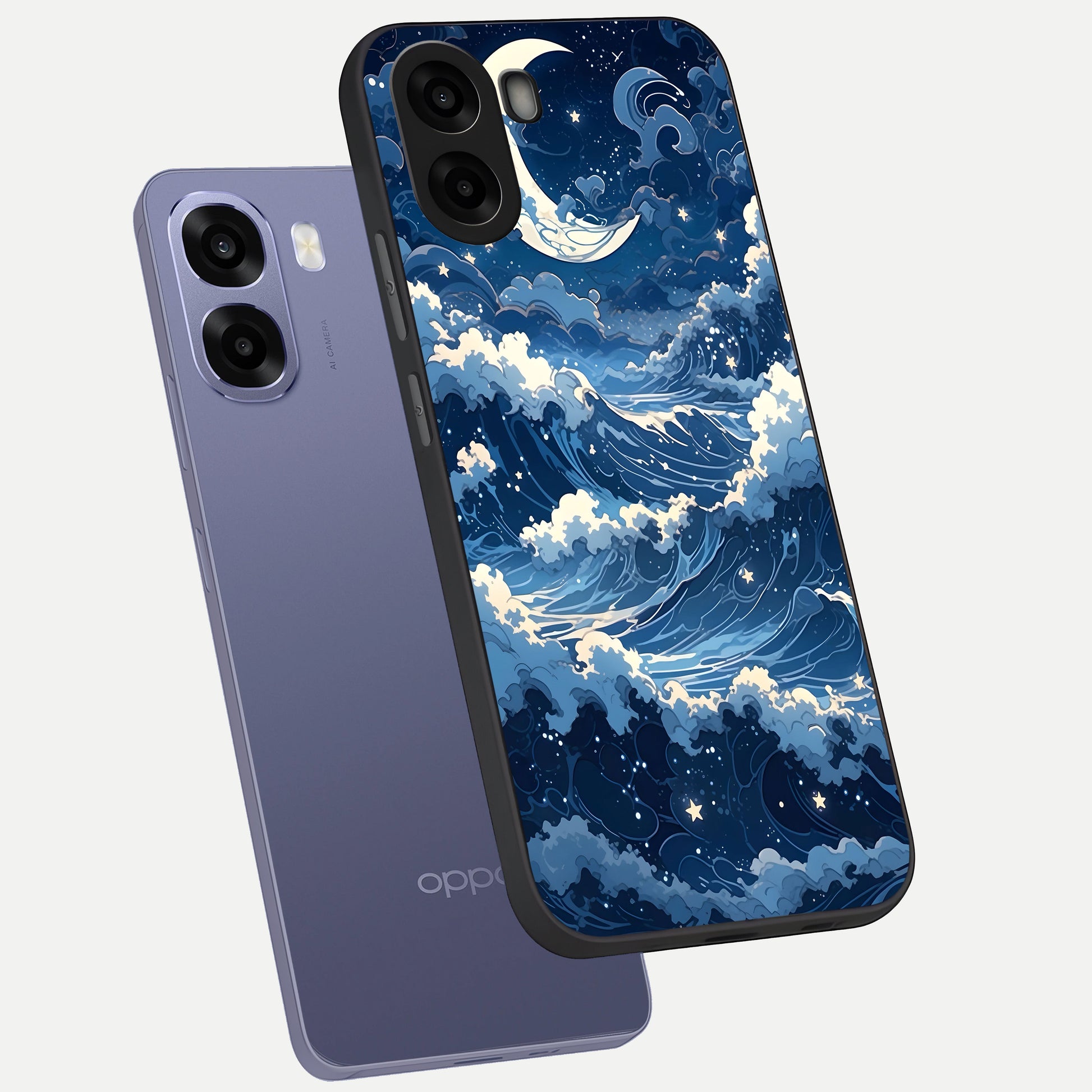  Ocean Moon Waves phone case For Oppo A6s showing premium glass back cover with detailed artwork
