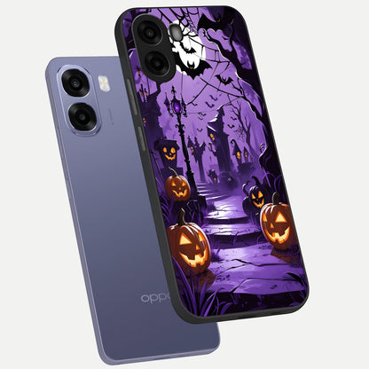  Pumpkin Patch Halloween phone case For Oppo A6s showing premium glass back cover with detailed artwork