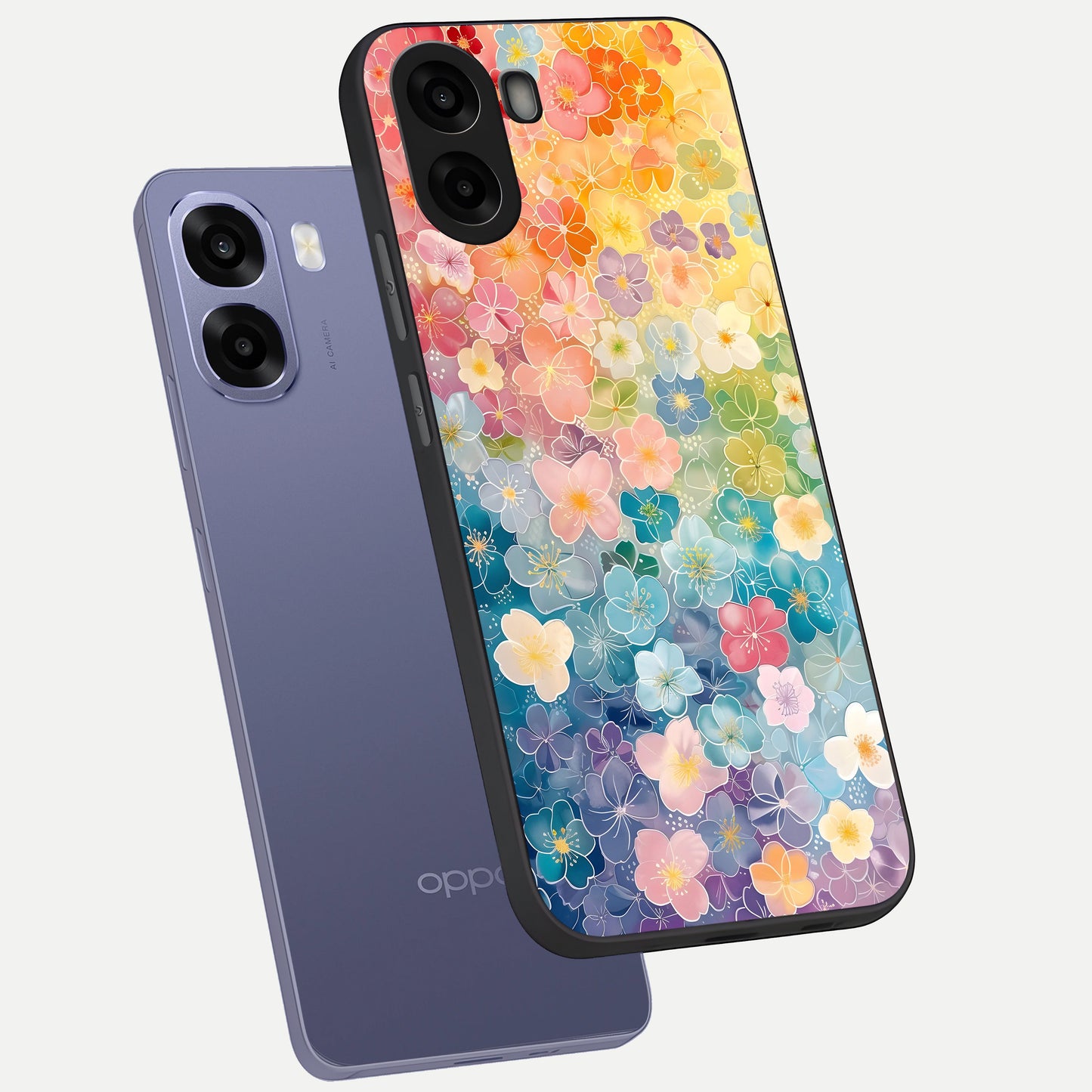 Rainbow Blossom Burst phone case For Oppo A6s showing premium glass back cover with detailed artwork