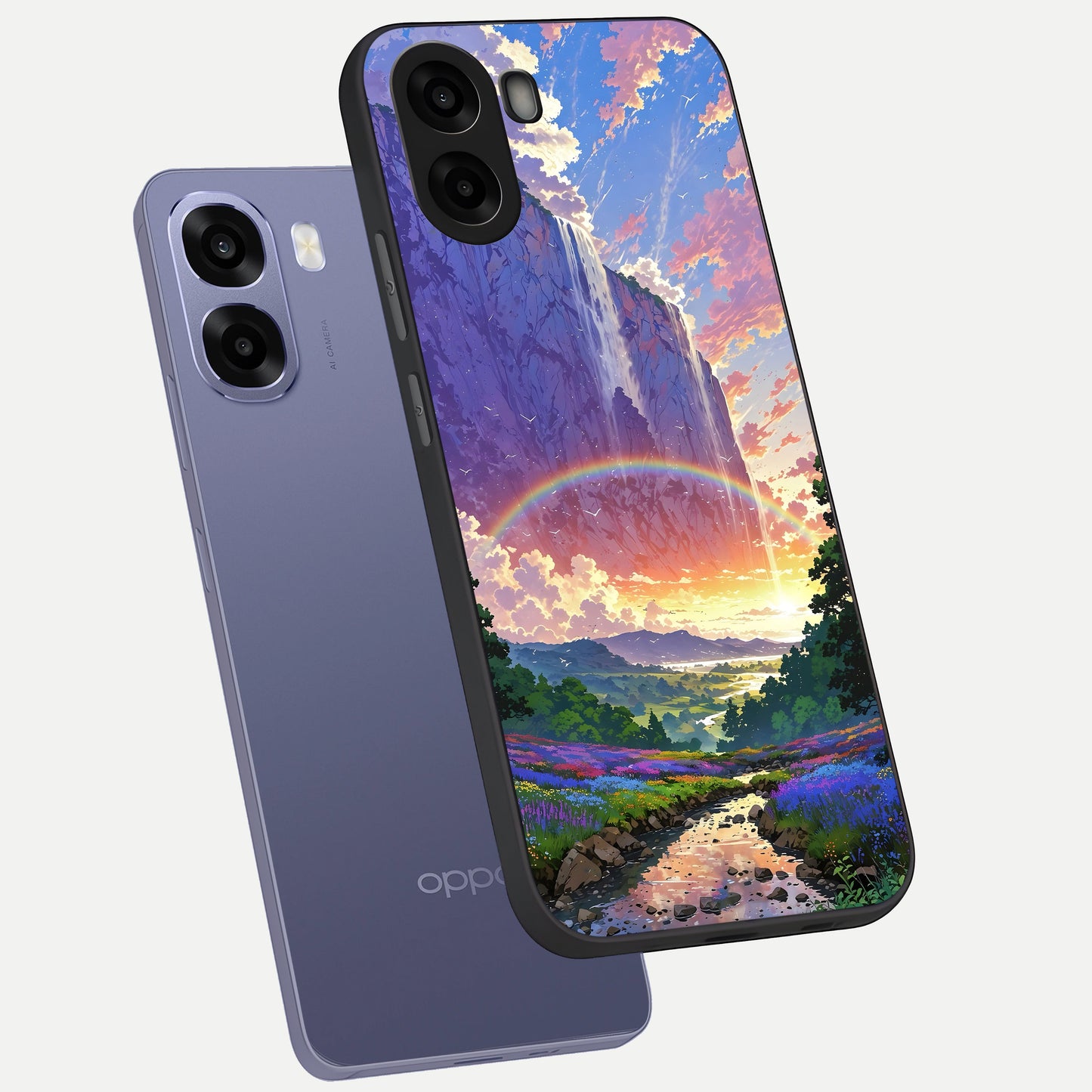  Rainbow Valley Dream phone case For Oppo A6s showing premium glass back cover with detailed artwork