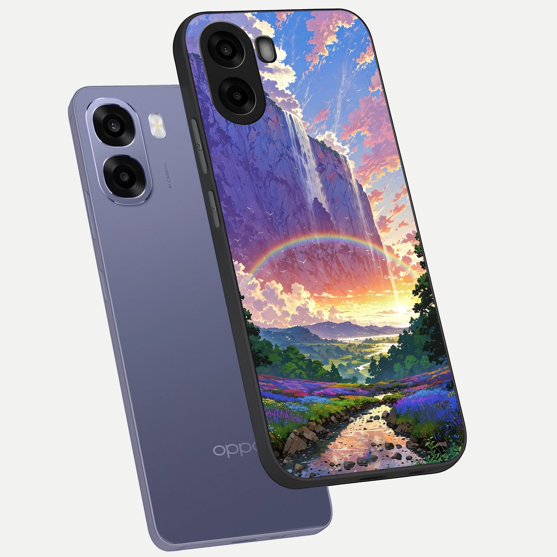  Rainbow Valley Dream phone case For Oppo A6s showing premium glass back cover with detailed artwork