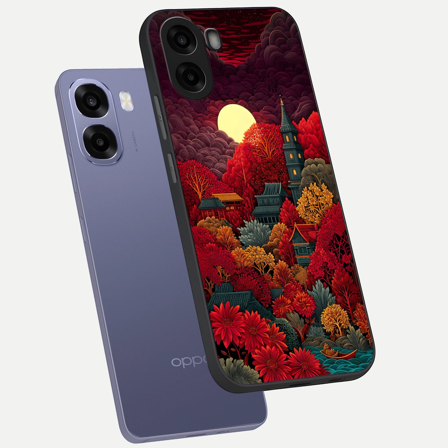  Scarlet Autumn Temple phone case For Oppo A6s showing premium glass back cover with detailed artwork