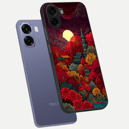  Scarlet Autumn Temple phone case For Oppo A6s showing premium glass back cover with detailed artwork