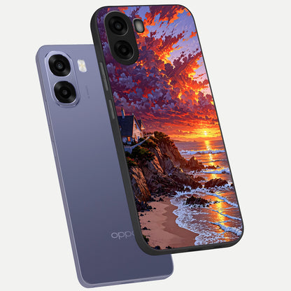  Sunset House By Sea phone case For Oppo A6s showing premium glass back cover with detailed artwork