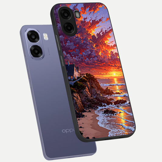  Sunset House By Sea phone case For Oppo A6s showing premium glass back cover with detailed artwork