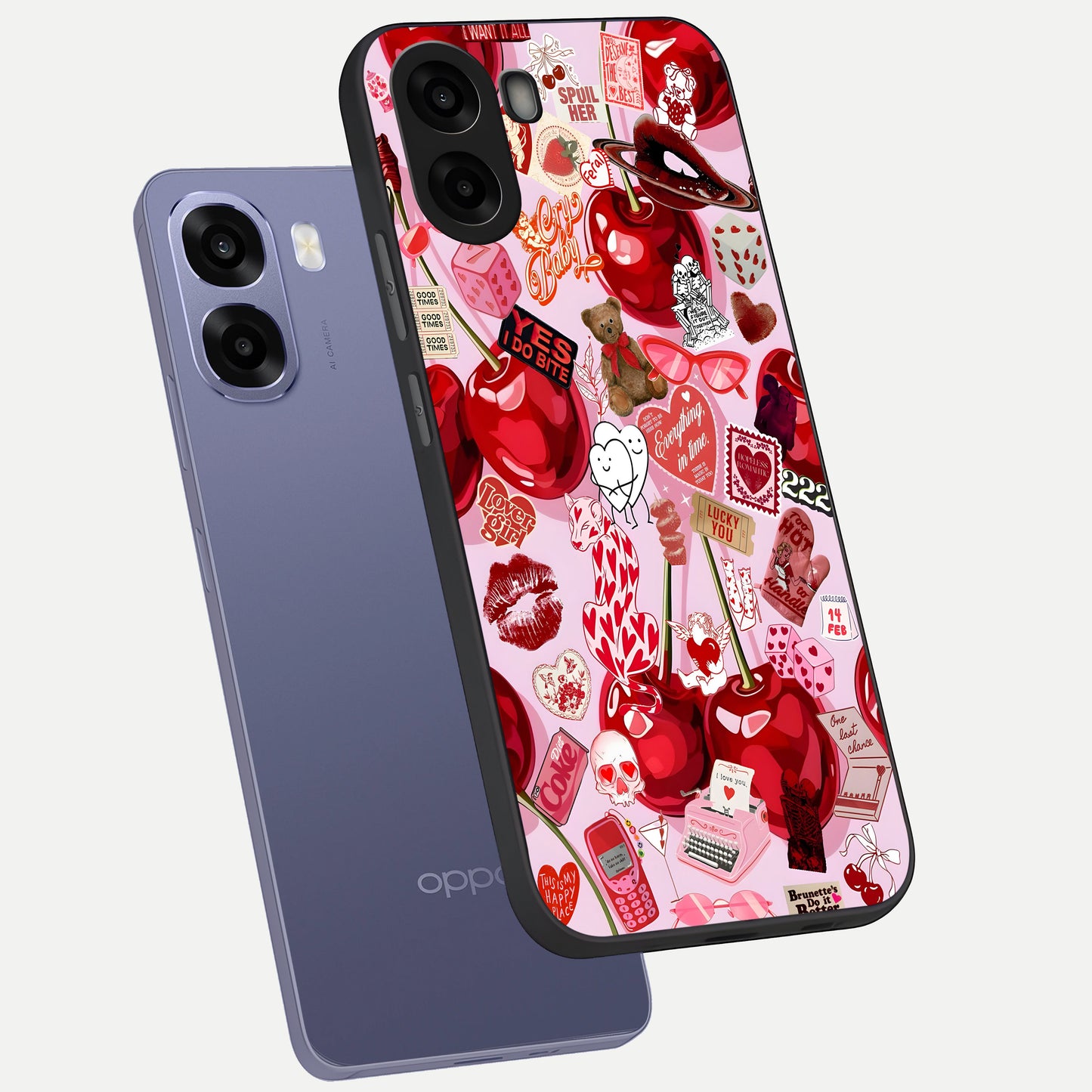  Sweet Cherry Chaos phone case For Oppo A6s showing premium glass back cover with detailed artwork