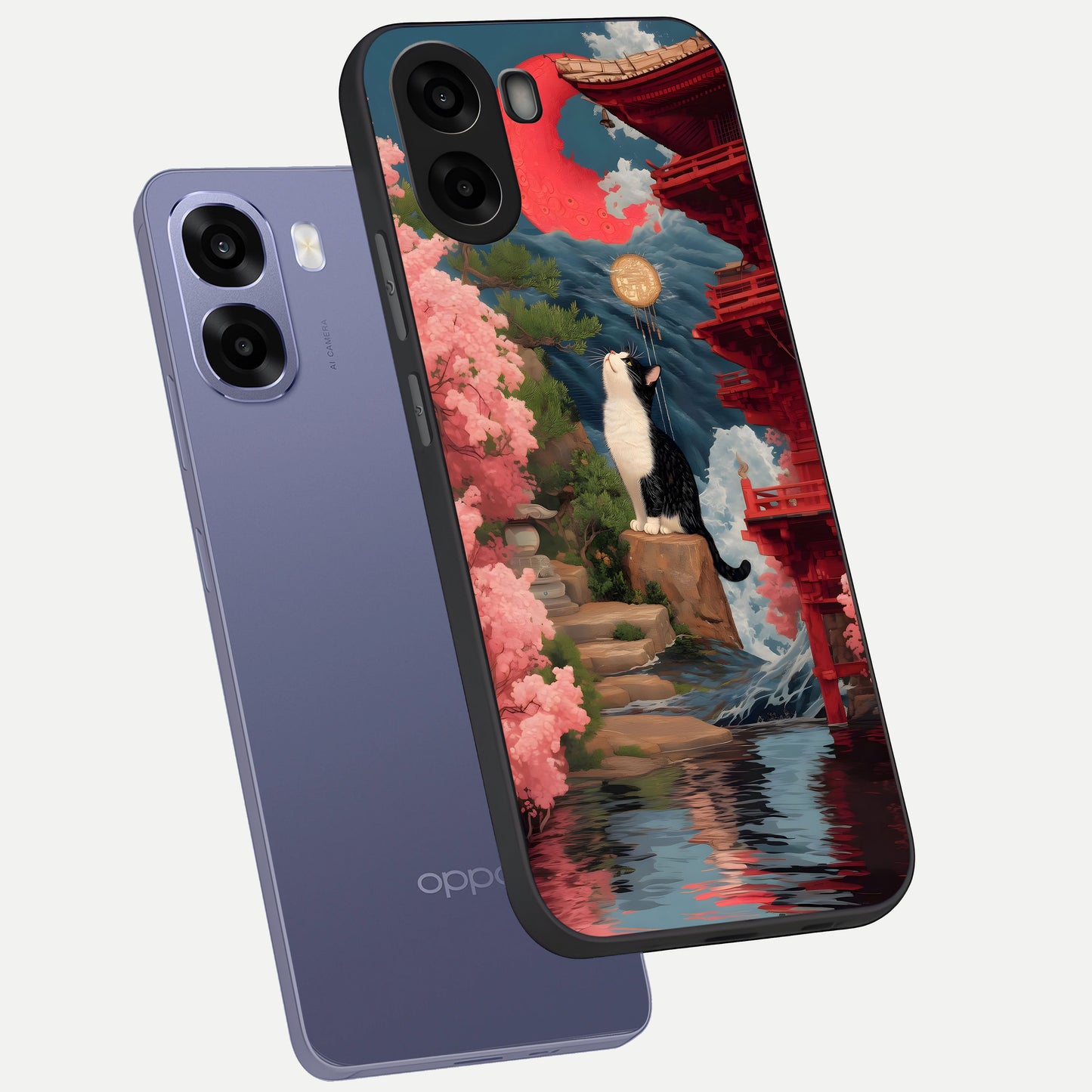  Temple Cat Scenery phone case For Oppo A6s showing premium glass back cover with detailed artwork