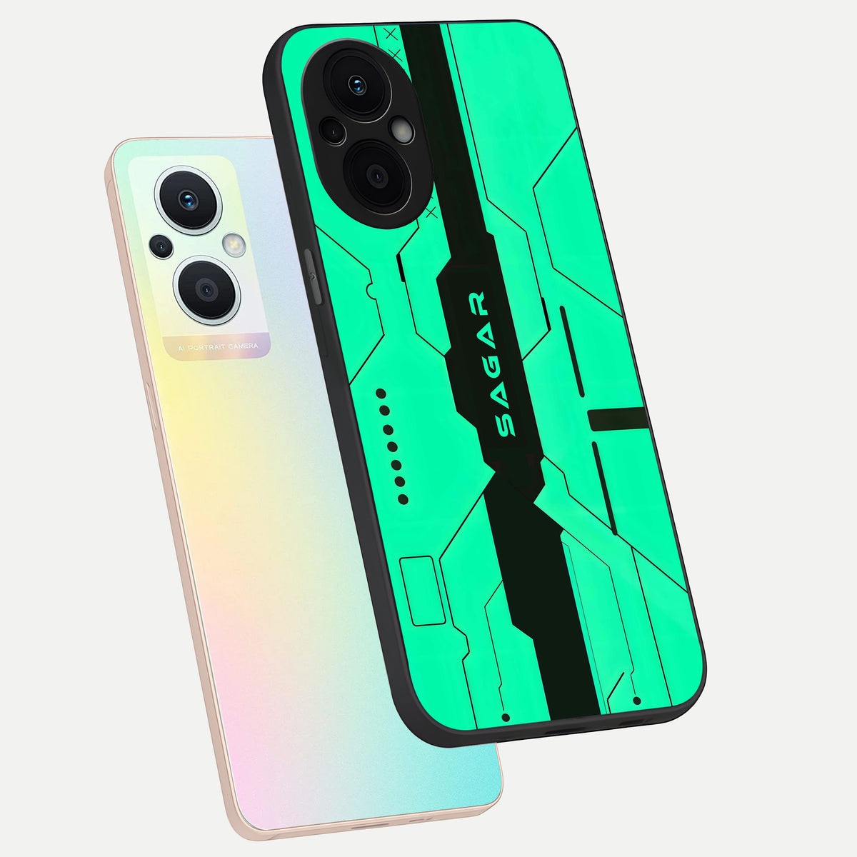  Aqua Tech CYBERPUNK Custom Name phone case For Oppo F21 Pro 5G showing premium glass back cover with detailed artwork
