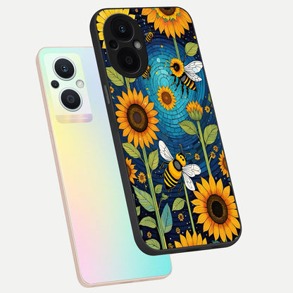  Bees And Sunflowers phone case For Oppo F21 Pro 5G showing premium glass back cover with detailed artwork
