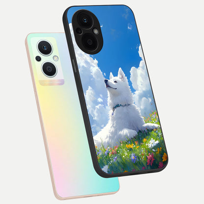  Blissful Cloud Pup phone case For Oppo F21 Pro 5G showing premium glass back cover with detailed artwork