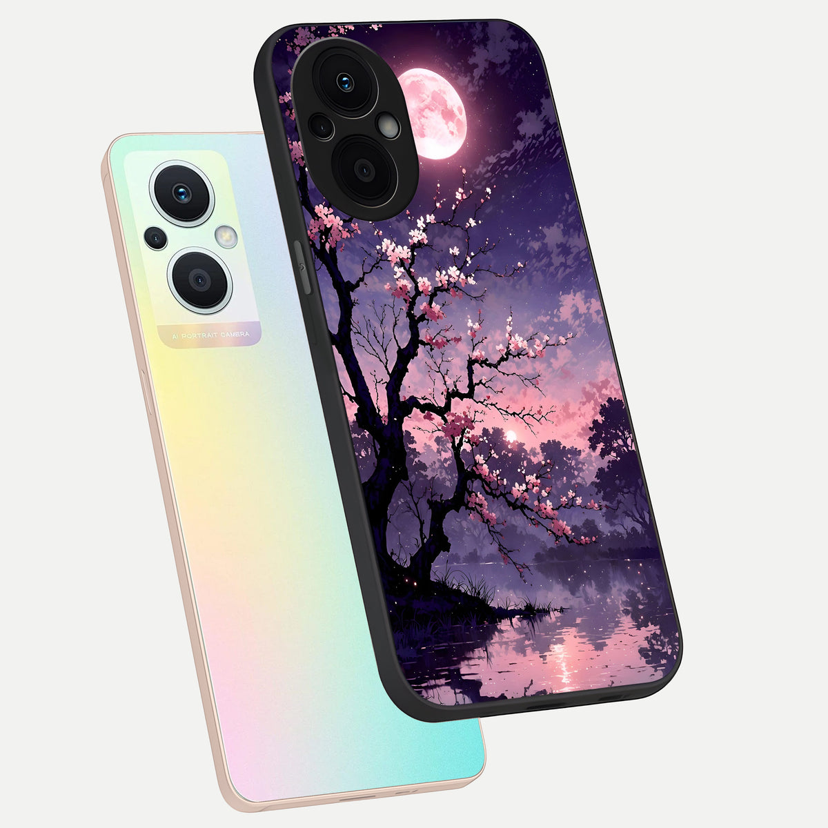  Blossom Pink Moon phone case For Oppo F21 Pro 5G showing premium glass back cover with detailed artwork