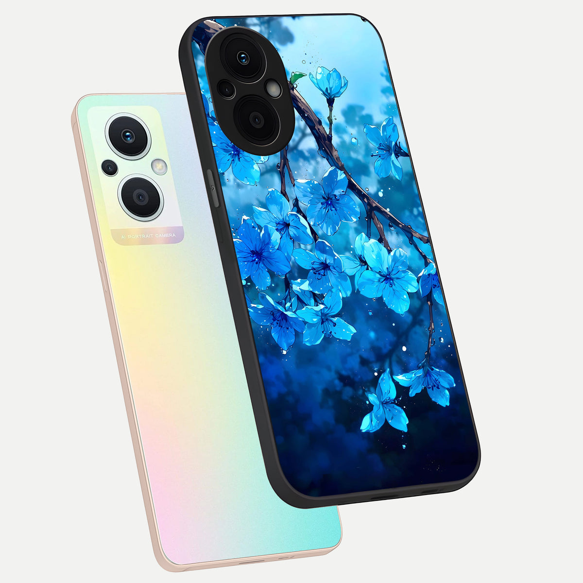  Blue Blossoms Branch phone case For Oppo F21 Pro 5G showing premium glass back cover with detailed artwork