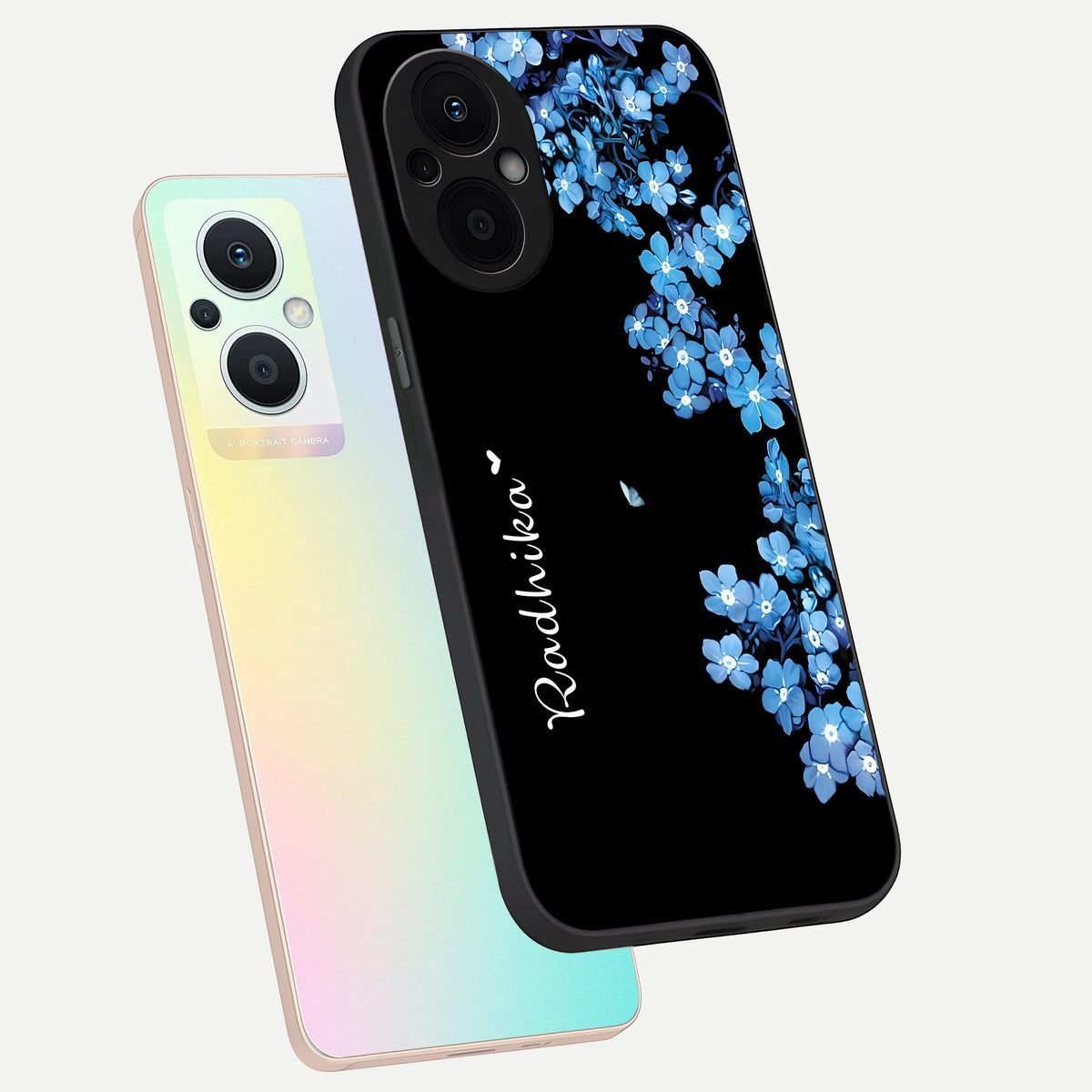  Blue Petal Dream Custom Name phone case For Oppo F21 Pro 5G showing premium glass back cover with detailed artwork
