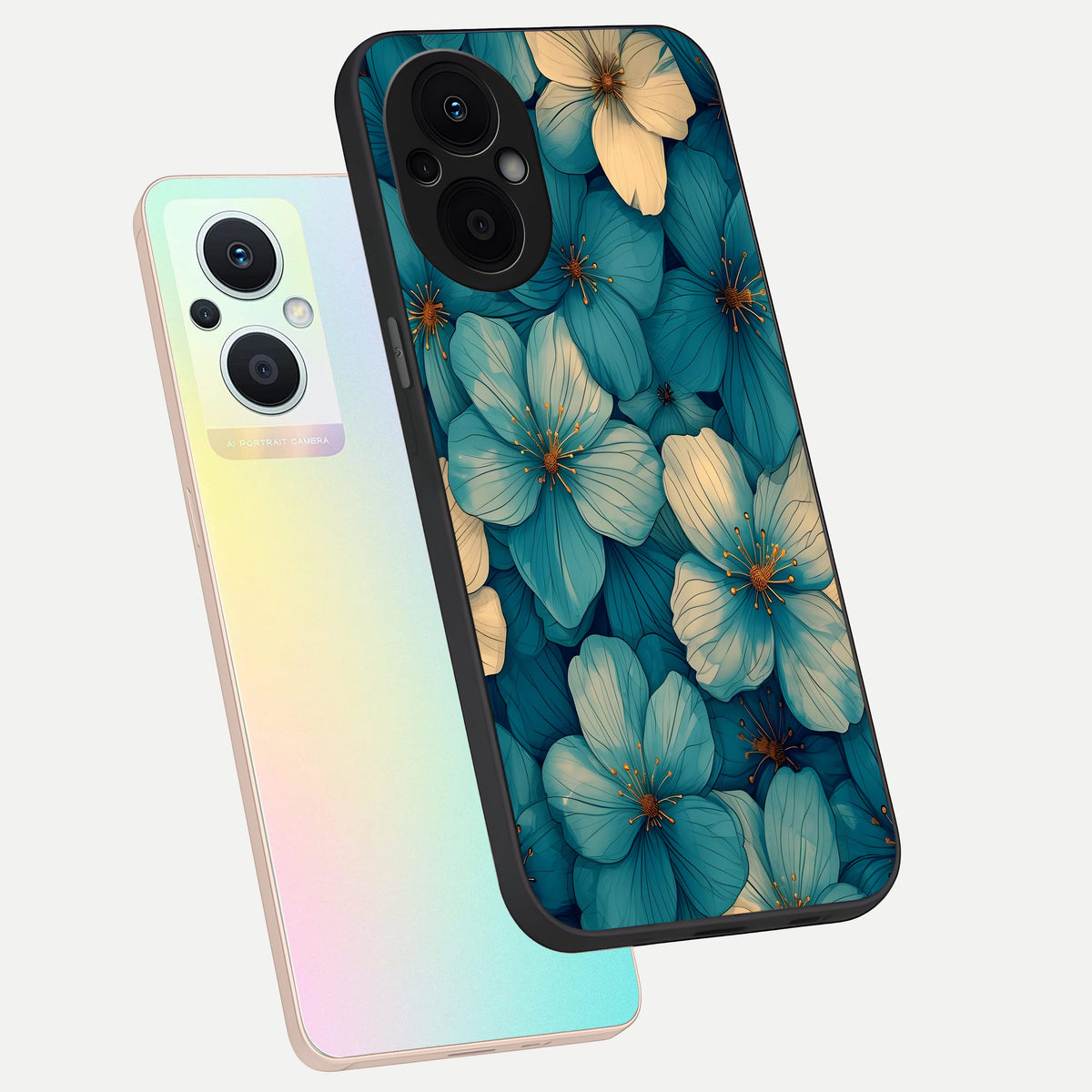  Blue Shade Floral phone case For Oppo F21 Pro 5G showing premium glass back cover with detailed artwork