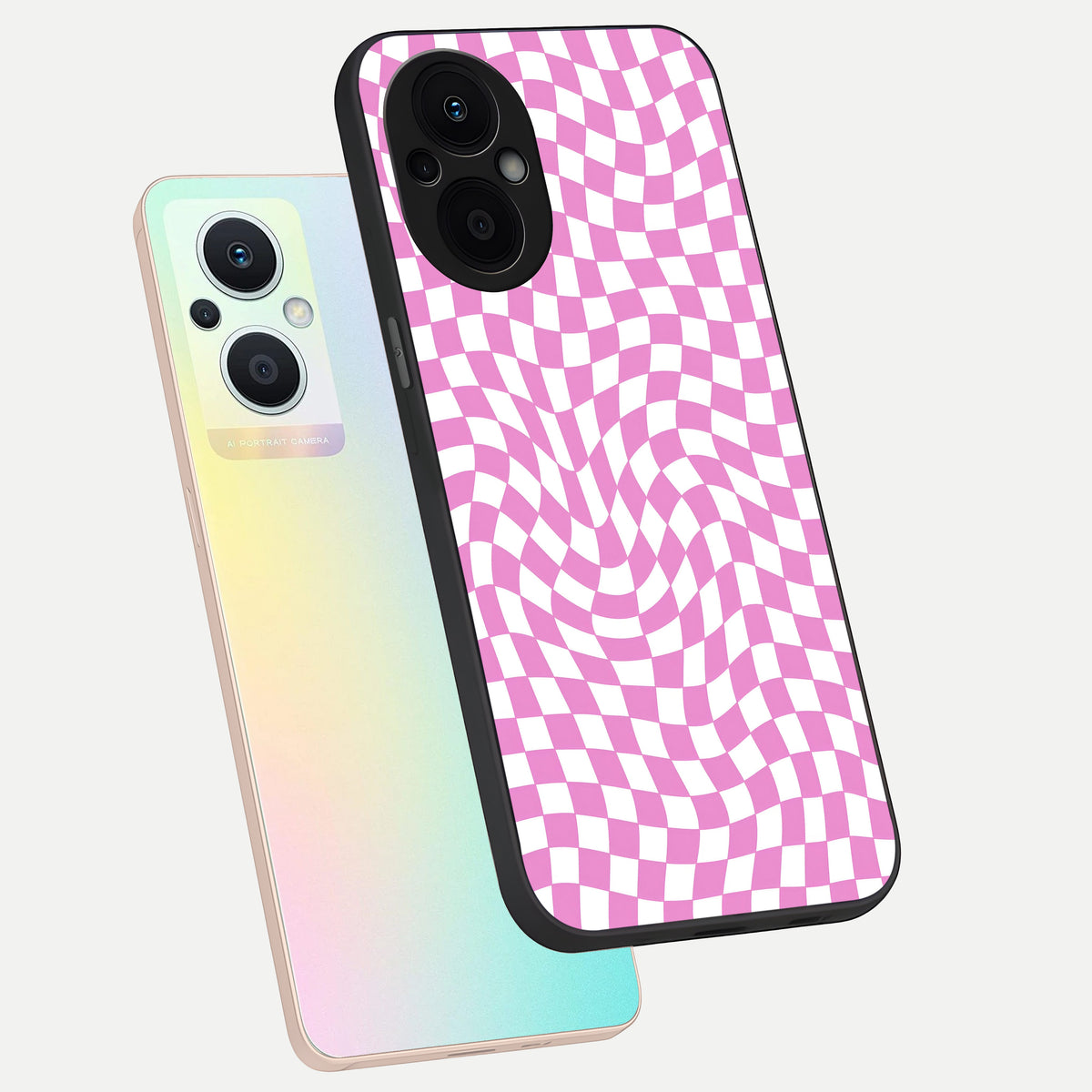  Bubblegum Check Wave phone case For Oppo F21 Pro 5G showing premium glass back cover with detailed artwork