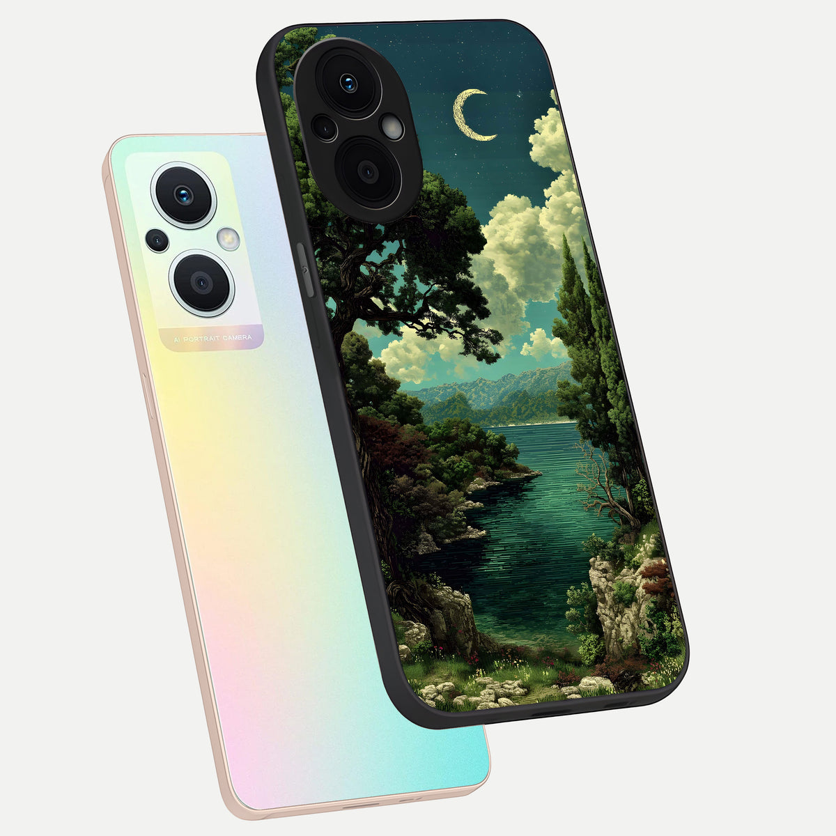  Celestial Lake Peace phone case For Oppo F21 Pro 5G showing premium glass back cover with detailed artwork