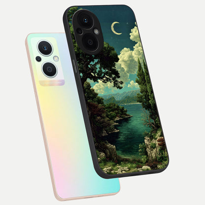  Celestial Lake Peace phone case For Oppo F21 Pro 5G showing premium glass back cover with detailed artwork