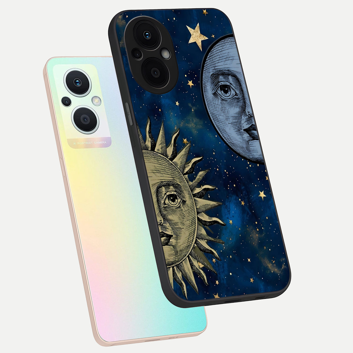  Celestial Moon With Sun phone case For Oppo F21 Pro 5G showing premium glass back cover with detailed artwork