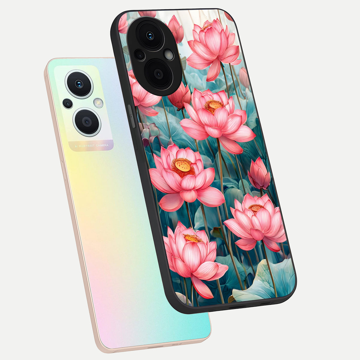  Celestial Pink Lotus phone case For Oppo F21 Pro 5G showing premium glass back cover with detailed artwork