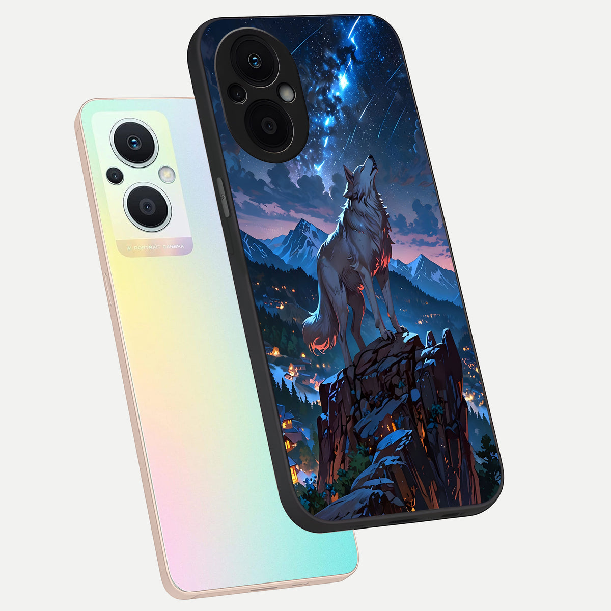  Celestial Wolf Howl phone case For Oppo F21 Pro 5G showing premium glass back cover with detailed artwork