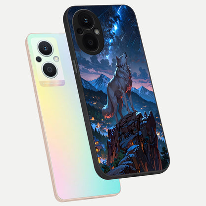  Celestial Wolf Howl phone case For Oppo F21 Pro 5G showing premium glass back cover with detailed artwork