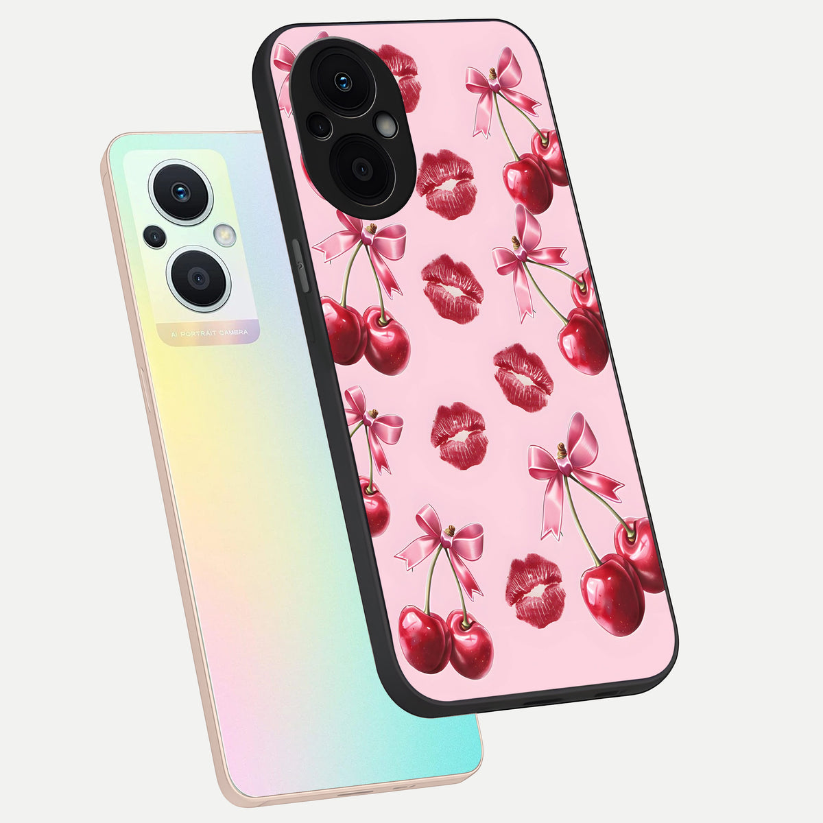  Cherry With Lips phone case For Oppo F21 Pro 5G showing premium glass back cover with detailed artwork