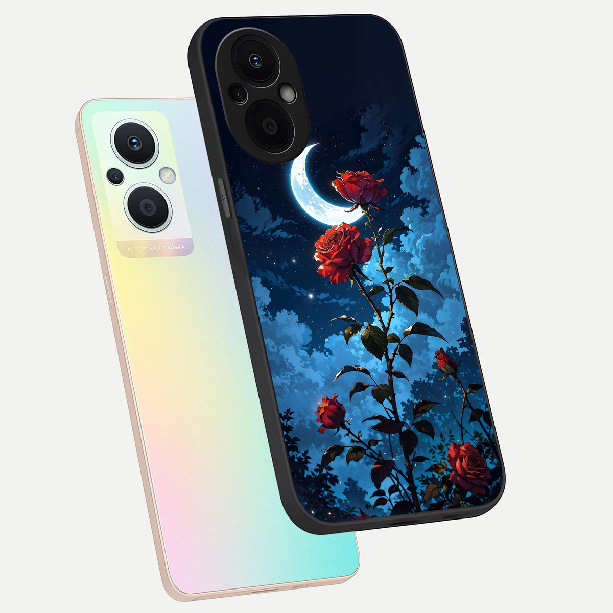  Crimson Rose Moon phone case For Oppo F21 Pro 5G showing premium glass back cover with detailed artwork