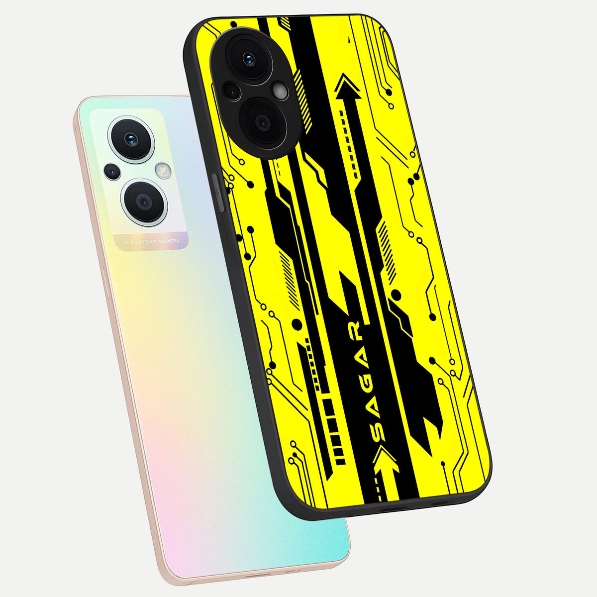  Electric Pulse CYBERPUNK Custom Name phone case For Oppo F21 Pro 5G showing premium glass back cover with detailed artwork