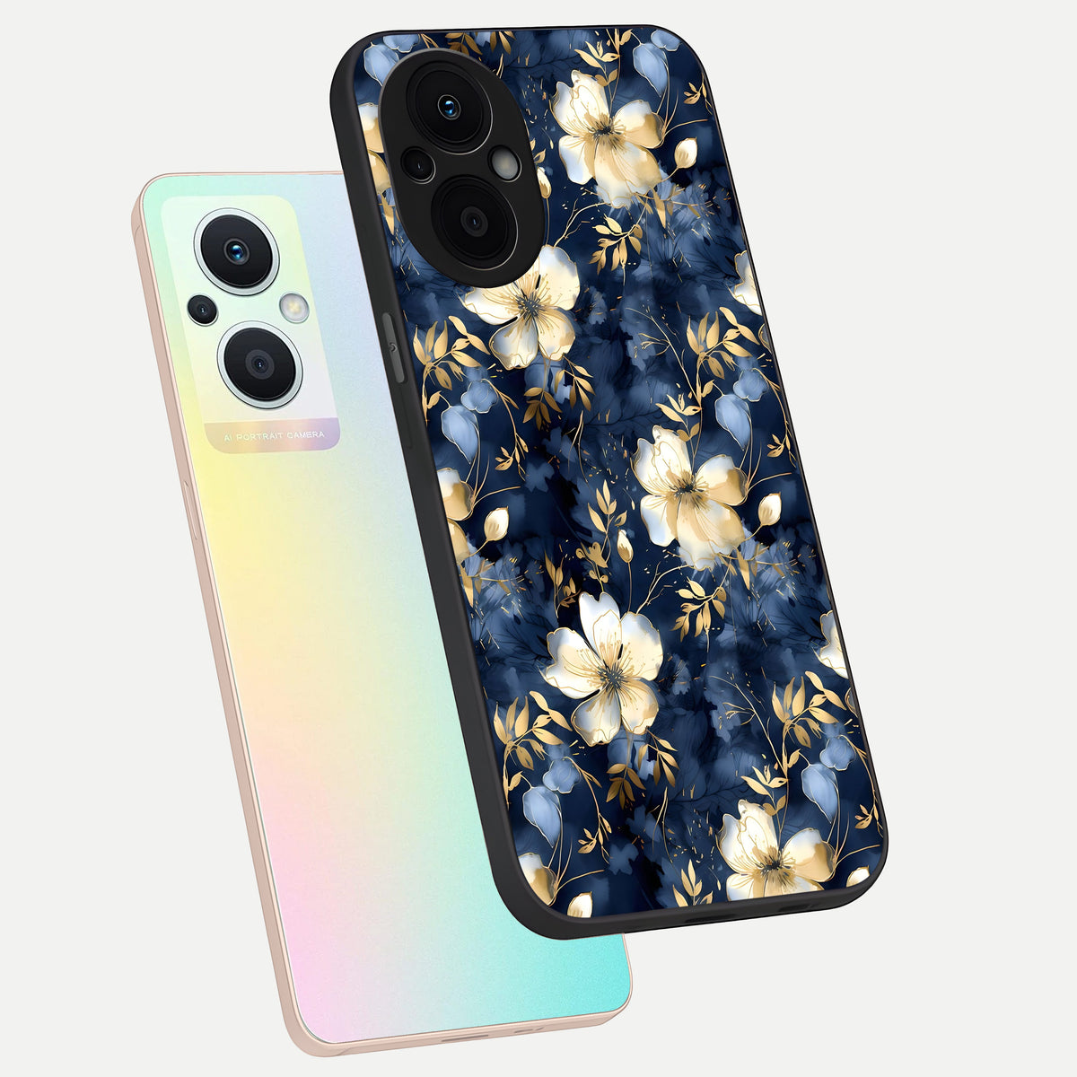  Golden Midnight Bloom phone case For Oppo F21 Pro 5G showing premium glass back cover with detailed artwork