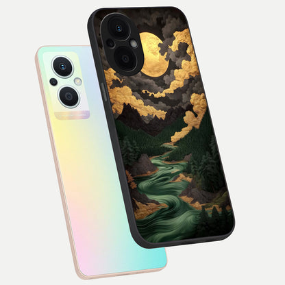  Golden River Moon phone case For Oppo F21 Pro 5G showing premium glass back cover with detailed artwork