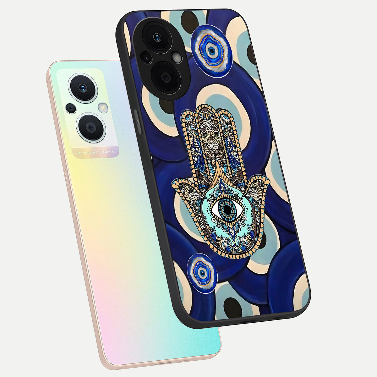  Hamsa Divine Guard phone case For Oppo F21 Pro 5G showing premium glass back cover with detailed artwork