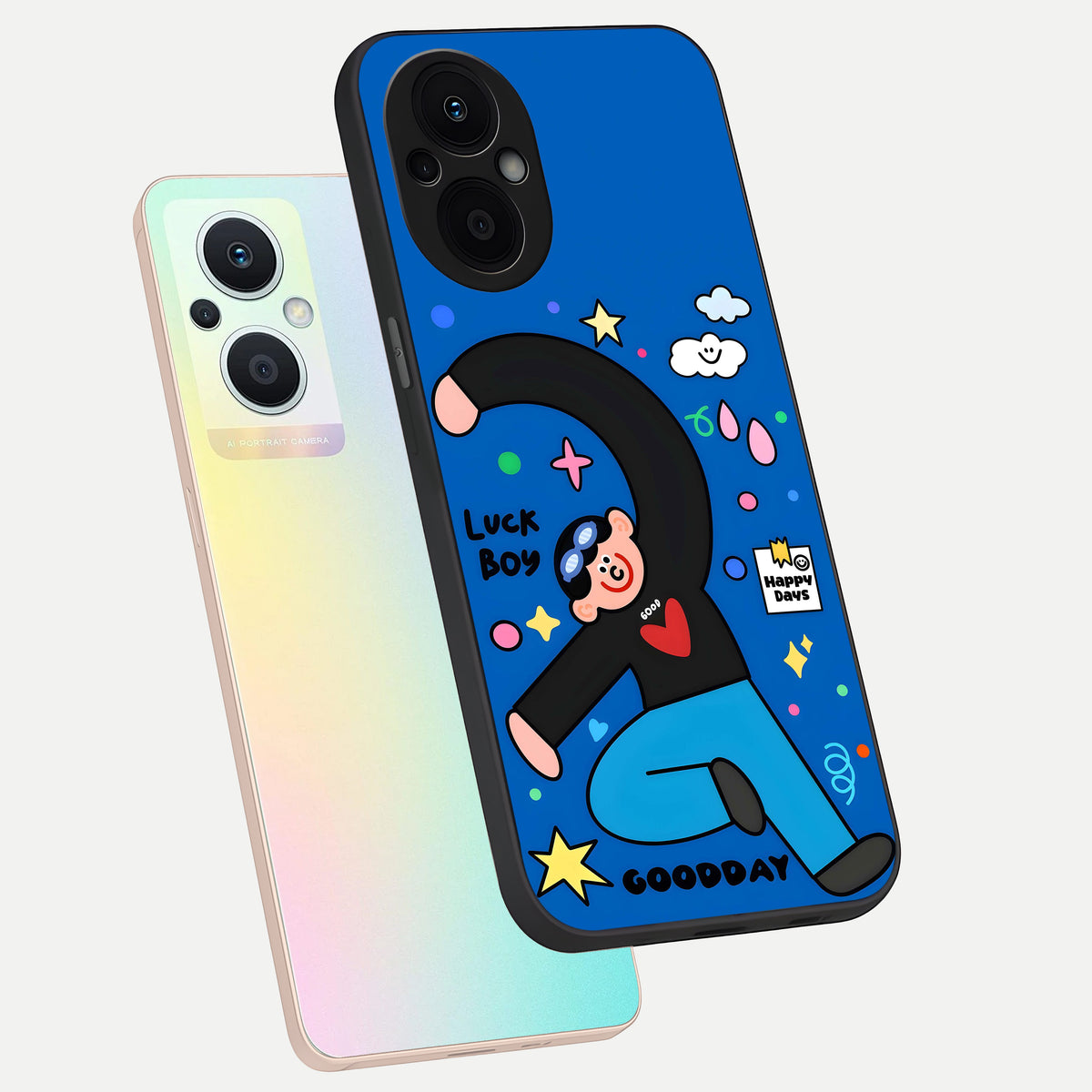  Happy Luck Vibe phone case For Oppo F21 Pro 5G showing premium glass back cover with detailed artwork