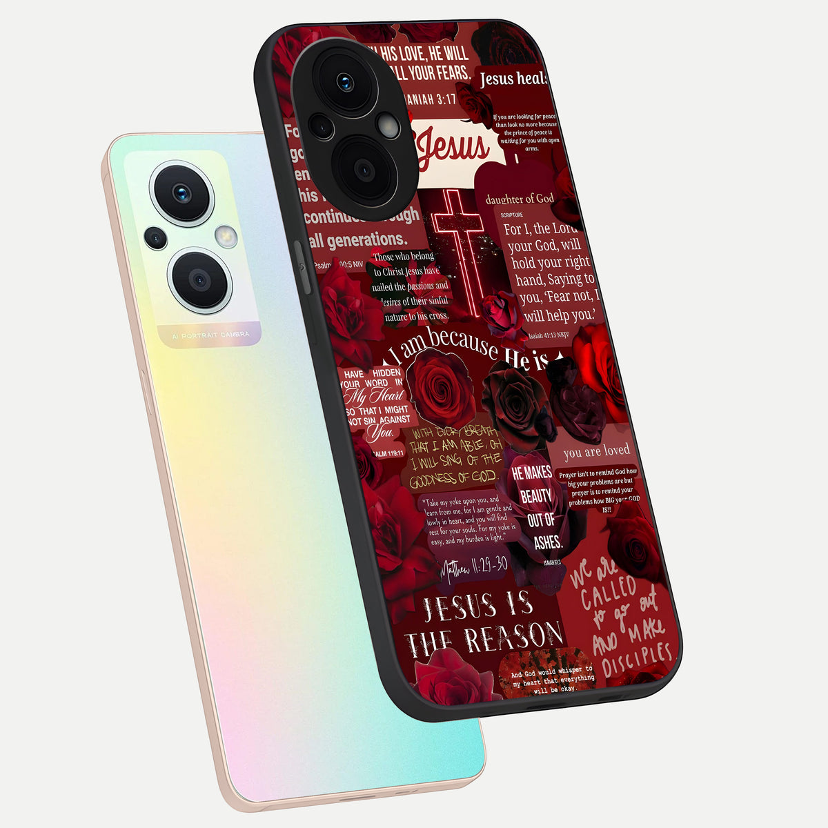  Jesus Love Heals phone case For Oppo F21 Pro 5G showing premium glass back cover with detailed artwork
