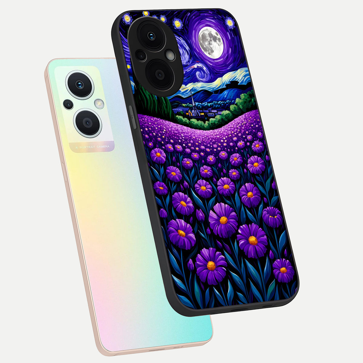  Lavender Moon Field phone case For Oppo F21 Pro 5G showing premium glass back cover with detailed artwork