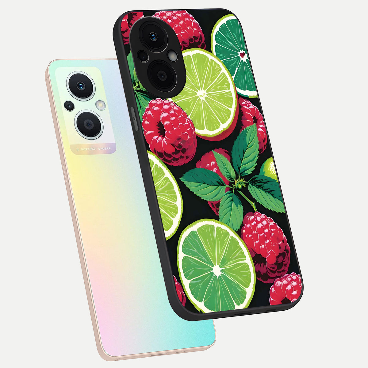  Lime and Raspberry Pattern phone case For Oppo F21 Pro 5G showing premium glass back cover with detailed artwork