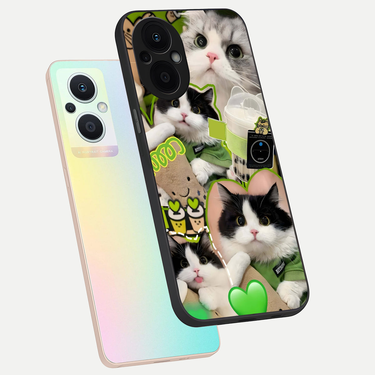  Matcha Cats Mood phone case For Oppo F21 Pro 5G showing premium glass back cover with detailed artwork