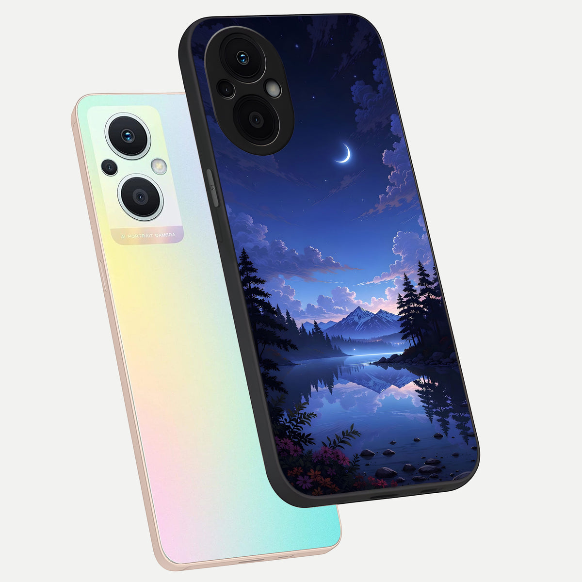  Midnight Lake Peace phone case For Oppo F21 Pro 5G showing premium glass back cover with detailed artwork