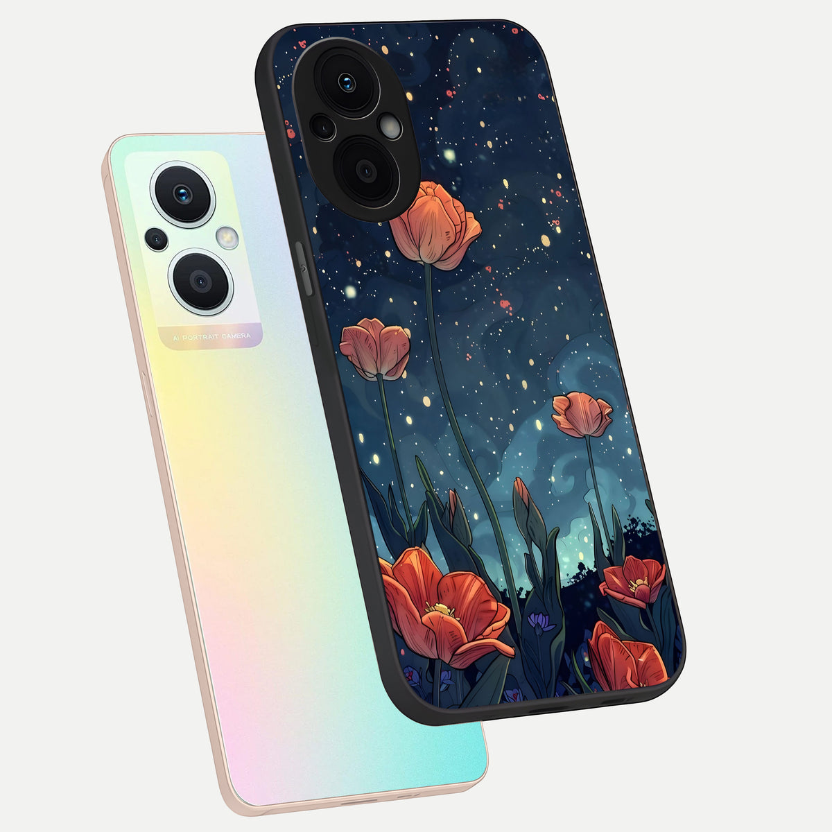  Midnight Tulip Glow phone case For Oppo F21 Pro 5G showing premium glass back cover with detailed artwork