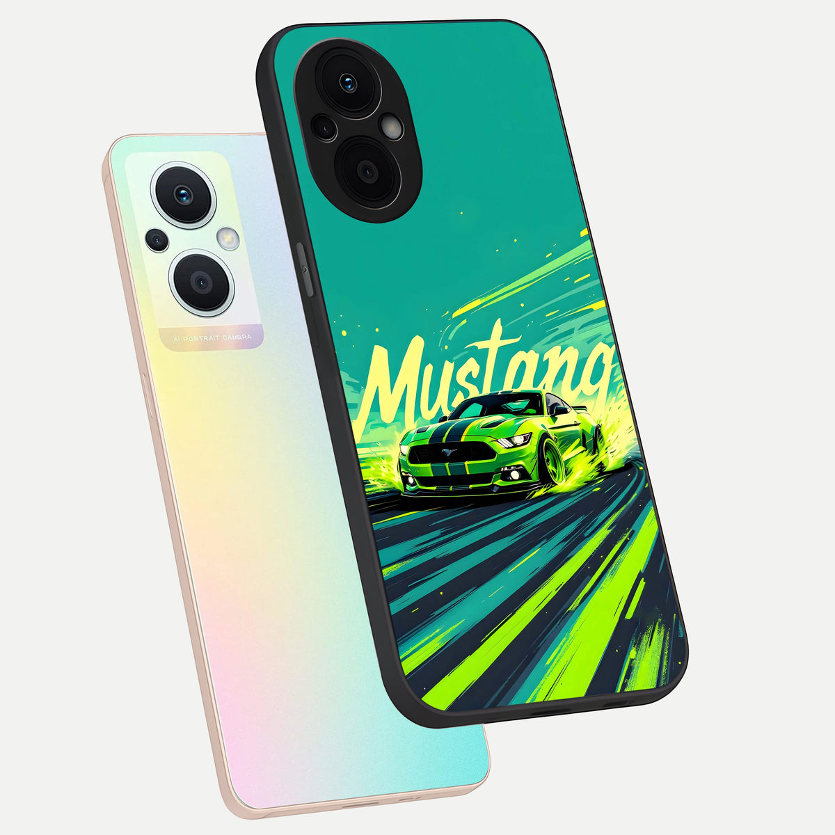 Mustang Bang phone case For Oppo F21 Pro 5G showing premium glass back cover with detailed artwork