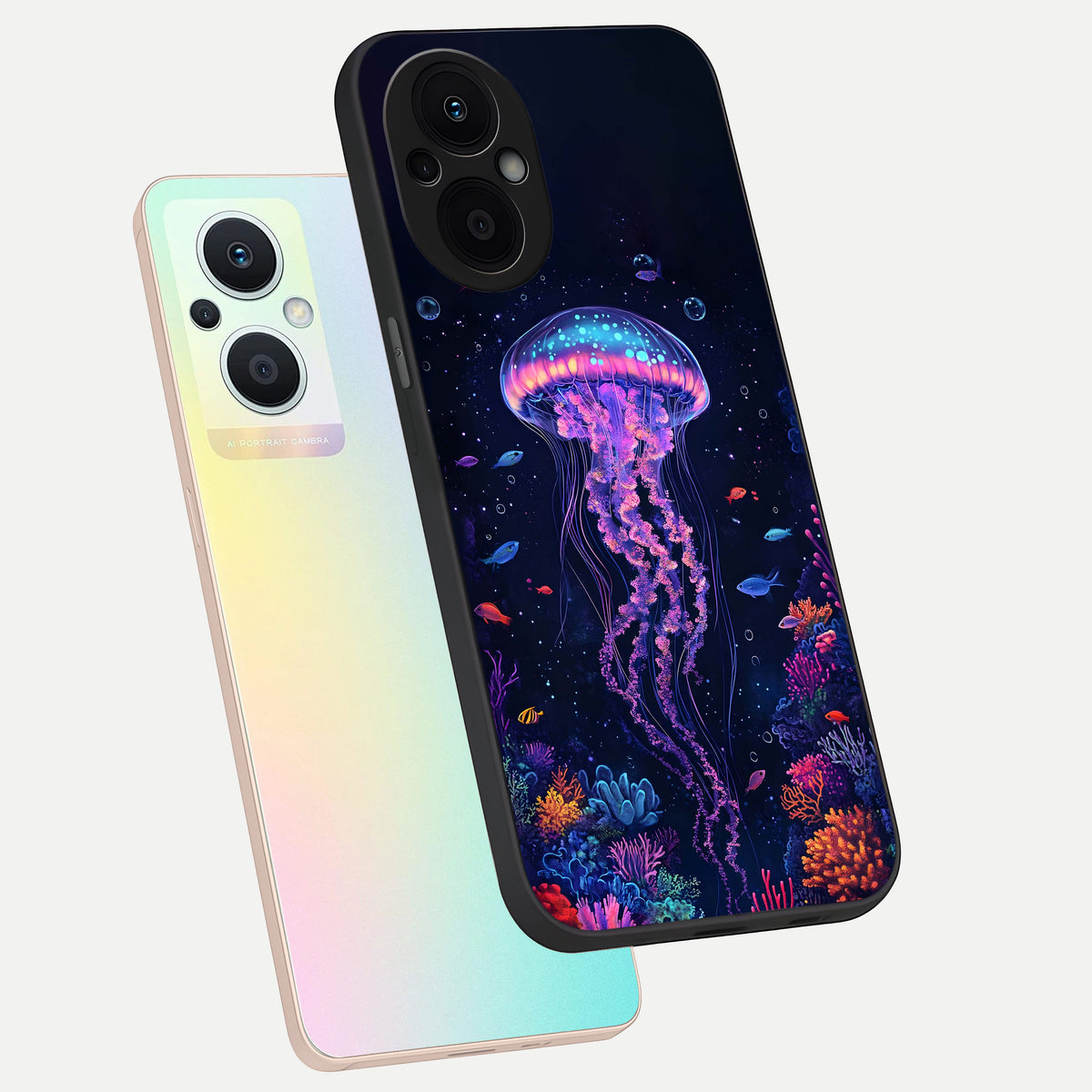  Neon Jellyfish phone case For Oppo F21 Pro 5G showing premium glass back cover with detailed artwork