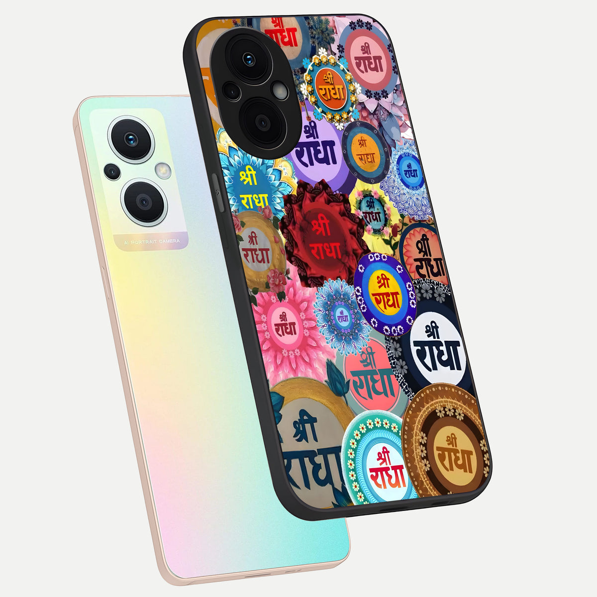  Radha Divine Bloom phone case For Oppo F21 Pro 5G showing premium glass back cover with detailed artwork
