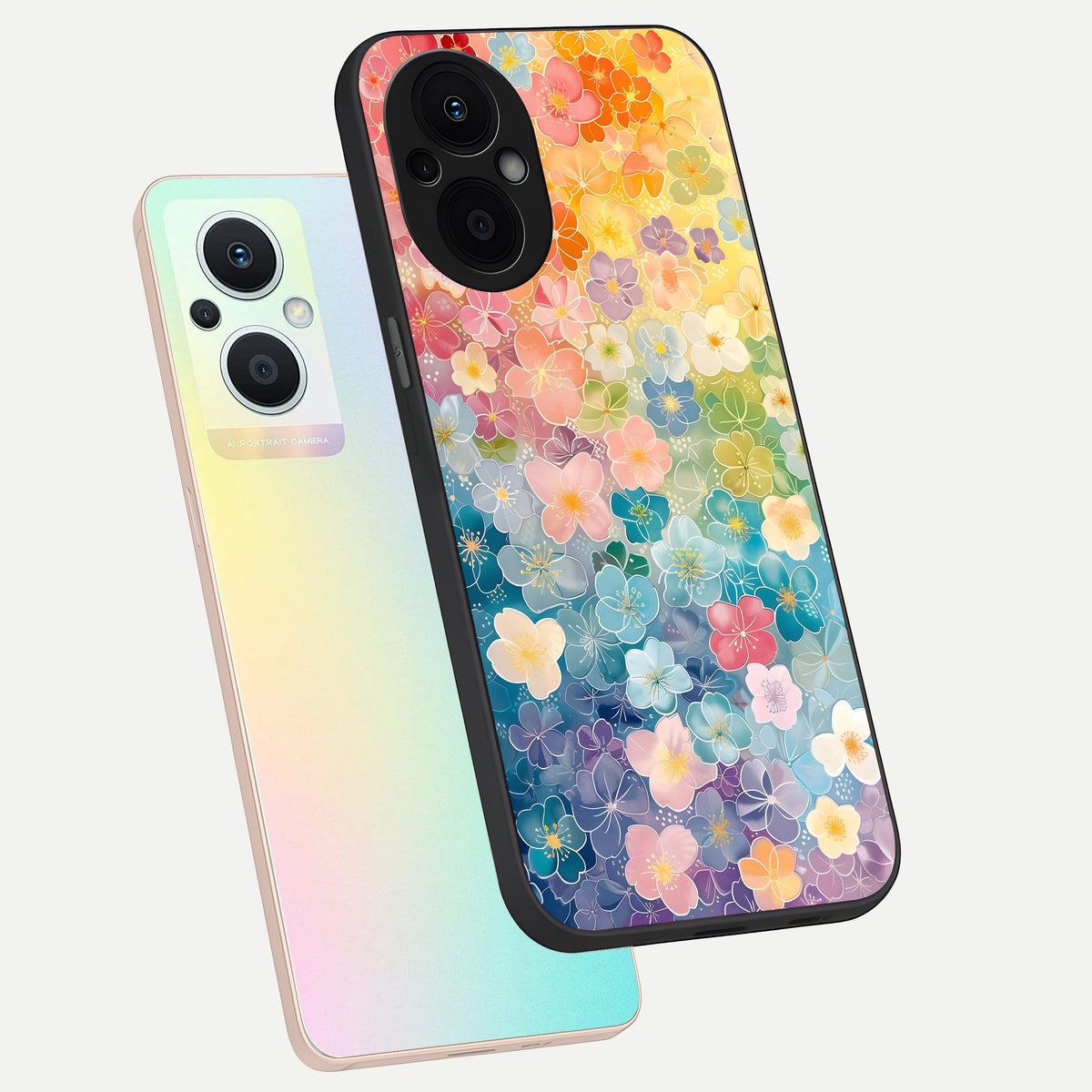  Rainbow Blossom Burst phone case For Oppo F21 Pro 5G showing premium glass back cover with detailed artwork