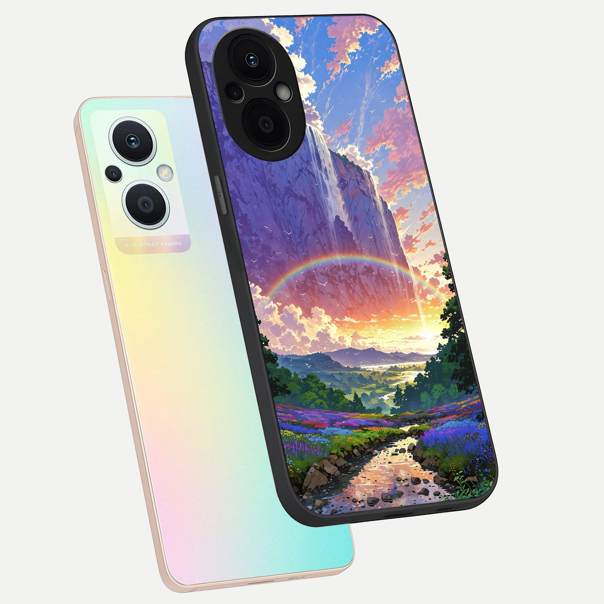  Rainbow Valley Dream phone case For Oppo F21 Pro 5G showing premium glass back cover with detailed artwork